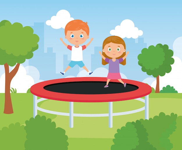 Cute little children in trampoline jump game