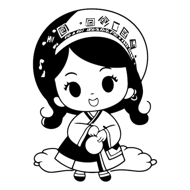 Vector cute little chinese girl in traditional costume