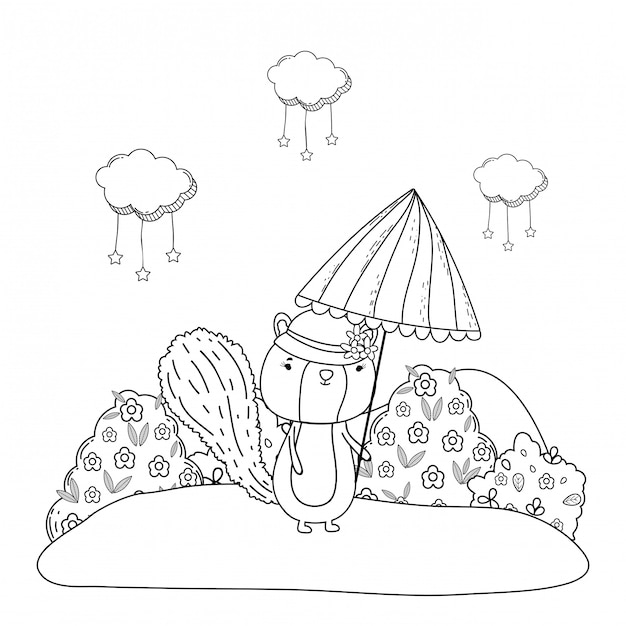 Симпатичный маленький бурундук с зонтиком в поле
