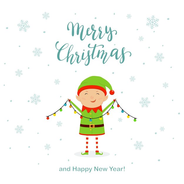 Cute little christmas elf in a green holiday costume with hat and shoes holding colorful christmas lights, isolated on white background with falling snowflakes, illustration.