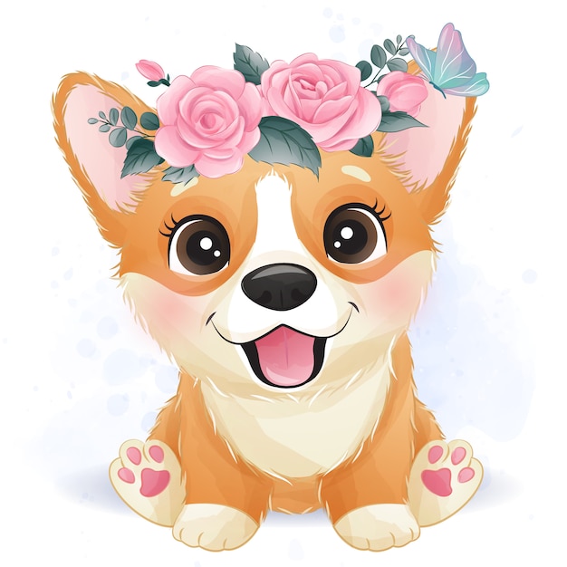 Vettore simpatico corgi con fiori