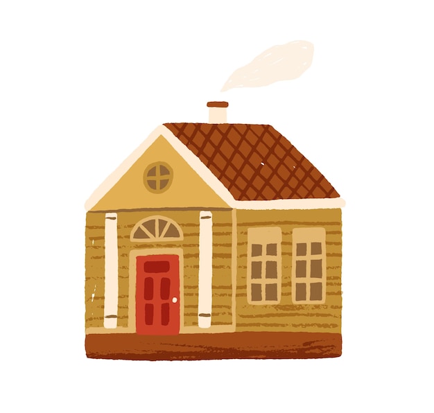 Vector cute little country house with door, windows and attic. hand-drawn home with chimney and smoke. village cottage exterior. childish flat textured vector illustration isolated on white background.