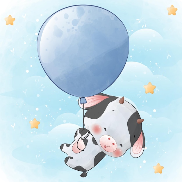 Cute little Cow flying with blue balloon