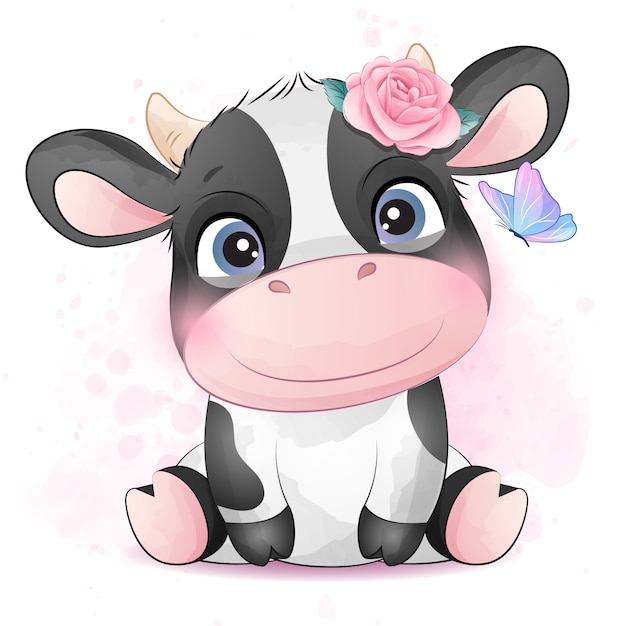 Vector cute little cow with watercolor illustration