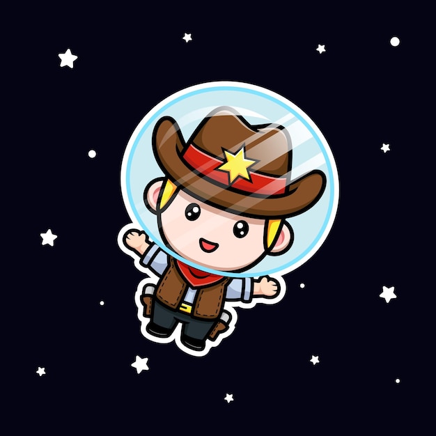 Simpatico cowboy che galleggia sull'illustrazione della mascotte spaziale space