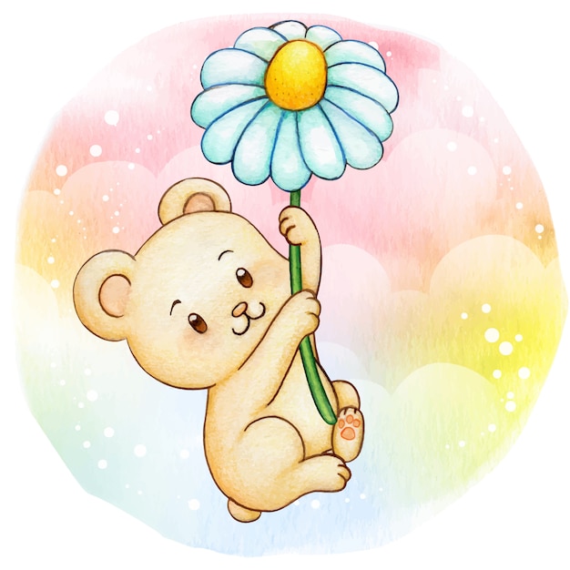 Cute little cream bear hanging on a flying daisy