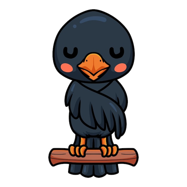 Cute little crow cartoon on tree branch