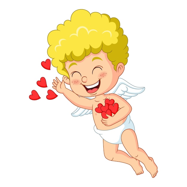 Vector cute little cupid cartoon with red hearts