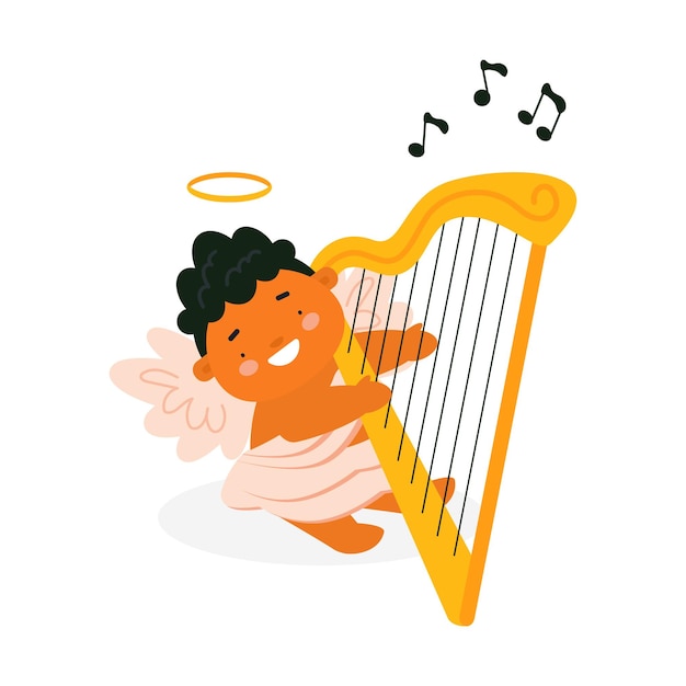 Vector cute little cupid playing harp st valentine's day character cartoon vector illustration for greeting card and design lovely baby angel