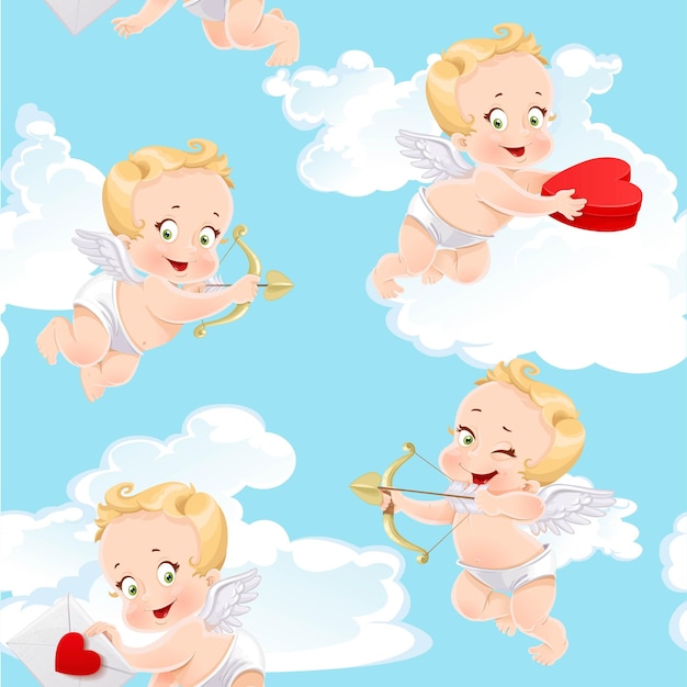 Vector cute little cupids with gifts in hands and shoots a bow on blue sky with clouds seamless pattern