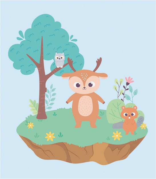 Cute little deer and beaver on grass with flowers and tree cartoon