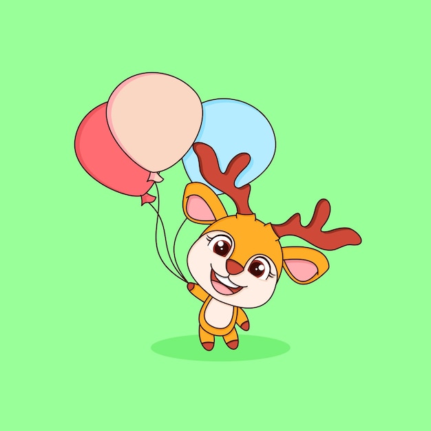 Vettore simpatico cartone animato di cervo con palloncino in stile cartone animato piatto