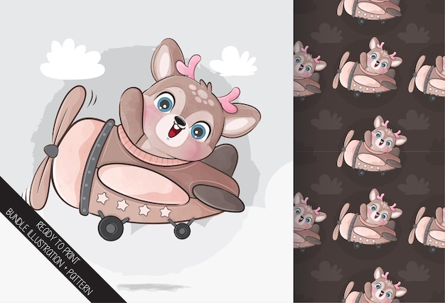 Милый маленький олень на иллюстрации самолета воздуха иллюстрация и набор шаблонов
