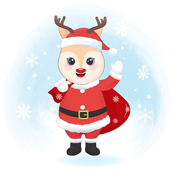 サンタの衣装でかわいい鹿クリスマスシーズンのイラスト
