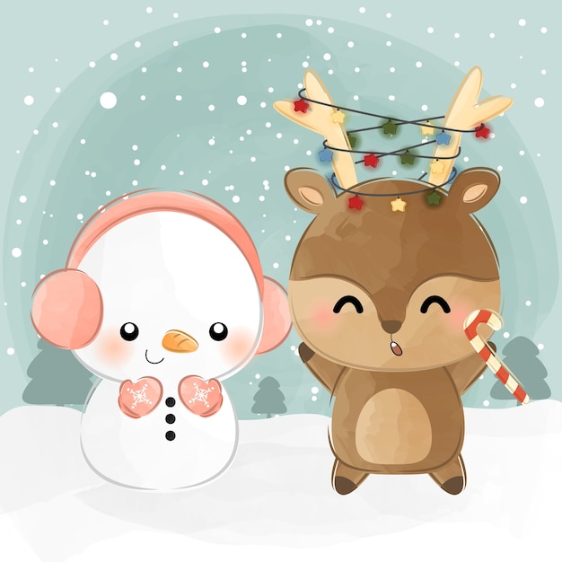 Cute little deer and snowman