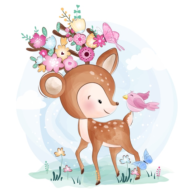 Vector cute little deer with flowers