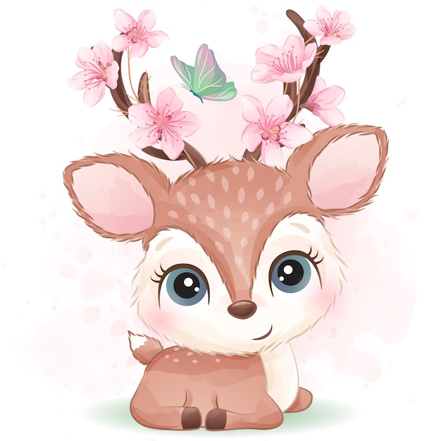 Vector cute little deer with watercolor effect