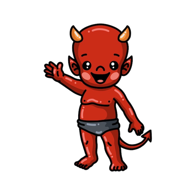 Cute little devil cartoon waving hand