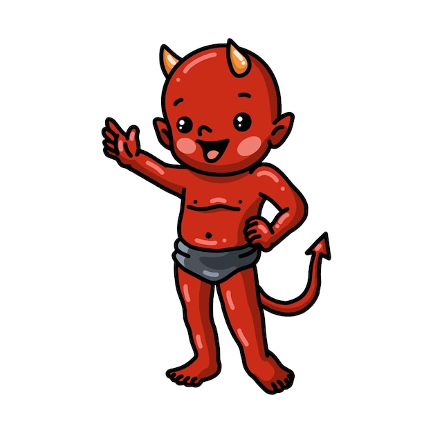 Cute little devil cartoon waving hand