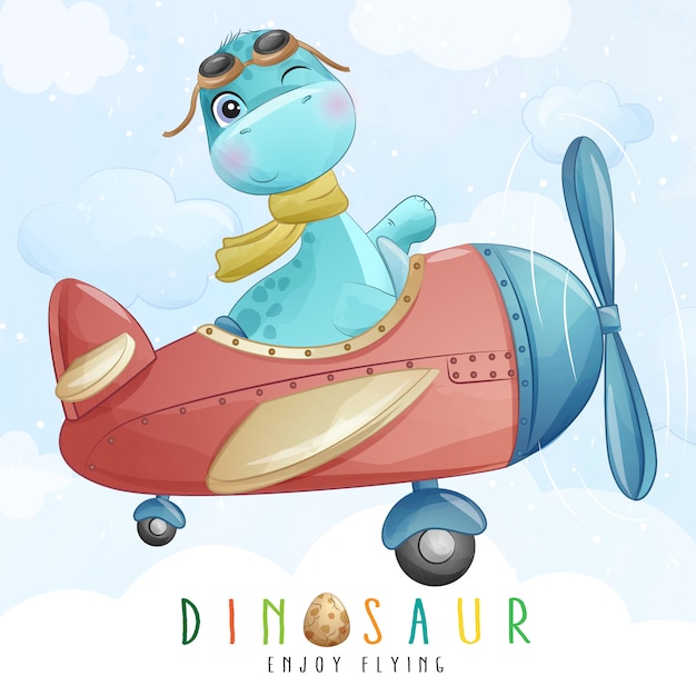 Vector cute little dinosaur flying with airplane illustration