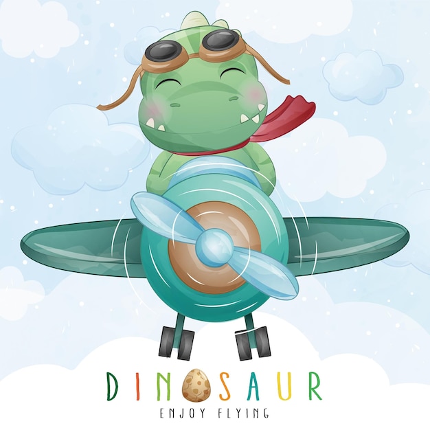 Cute little dinosaur flying with airplane illustration