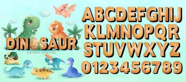 Vector cute little dinosaur friends with alphabet watercolor illustration