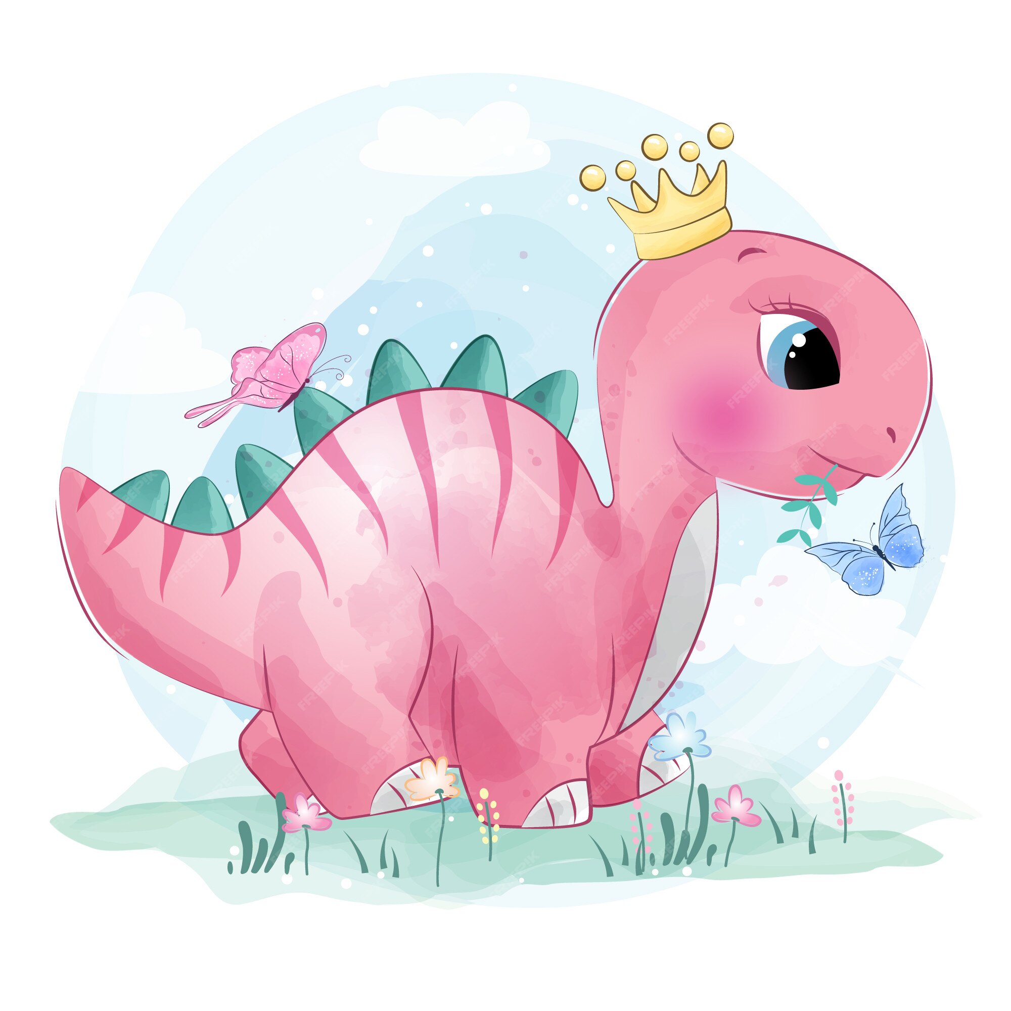 Premium Vector  Cute little dinosaur playing with butterflies