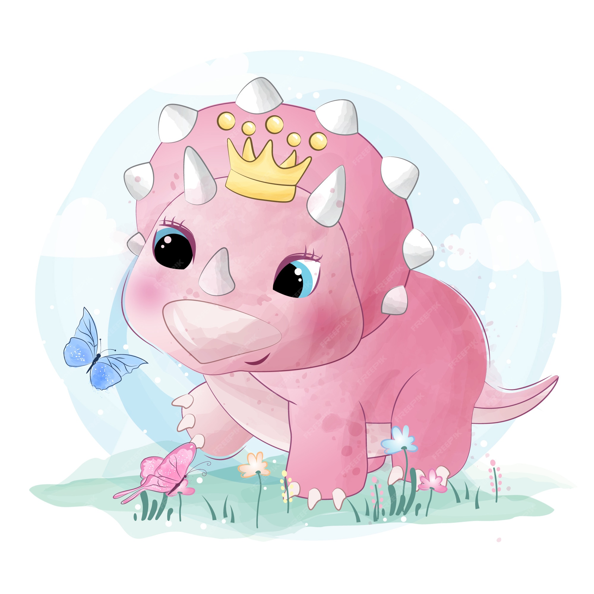 Premium Vector  Cute little dinosaur playing with butterflies