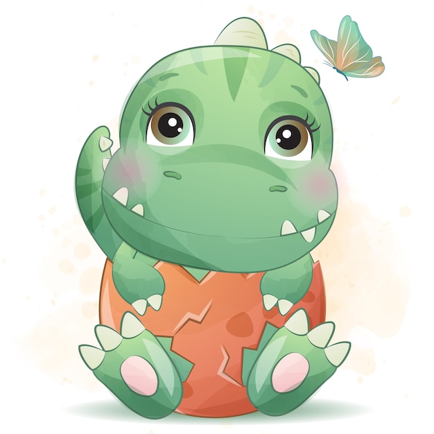 Cute little dinosaur portrait with watercolor effect