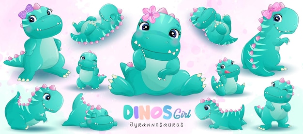 Cute little dinosaur poses with watercolor illustration