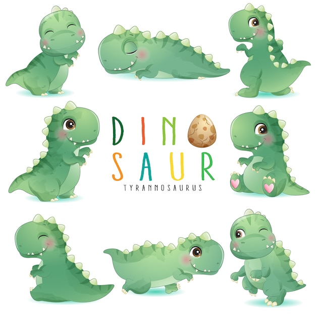Cute little dinosaur poses with watercolor illustration