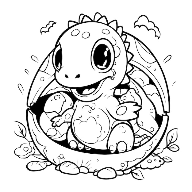 Милый маленький динозавр сидит в гнезде. Векторная иллюстрация для раскраски.