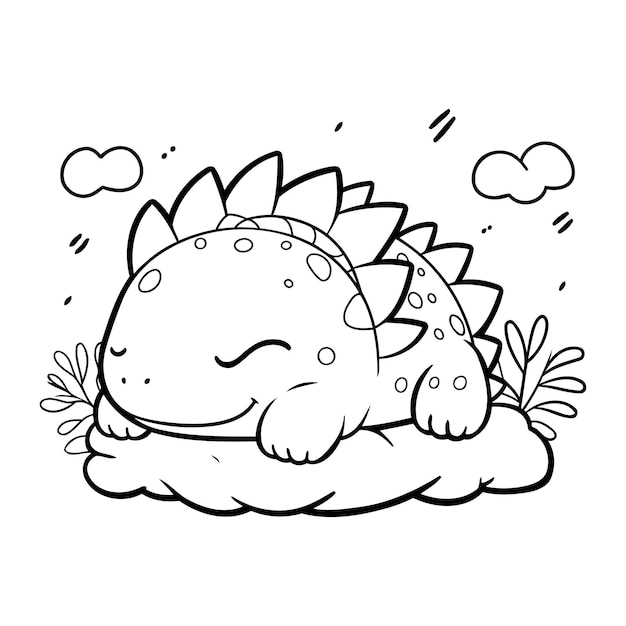 Вектор Милый маленький динозавр, спящий в облаке, векторная иллюстрация, дизайн иконы