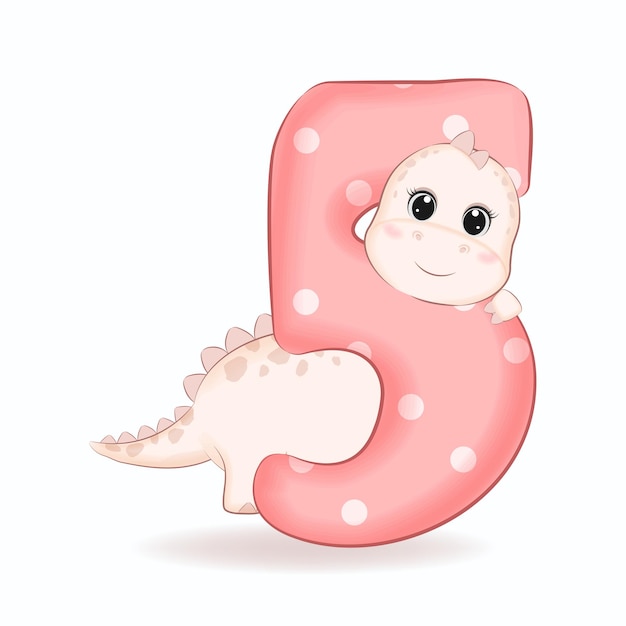 Cute little dinosaur with alphabet number 5 illustration