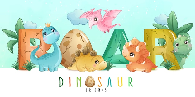 Vector cute little dinosaur with watercolor collection