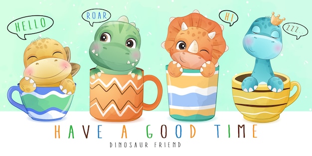 Vector cute little dinosaur with watercolor collection