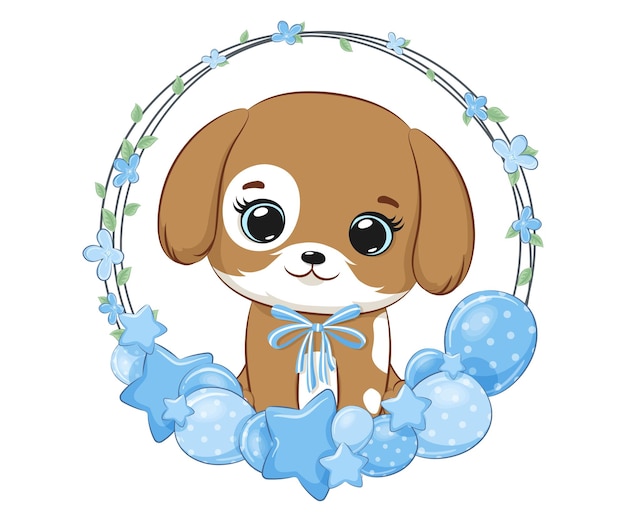 Vector cute little dog boy and a festive wreath. cartoon vector illustration.