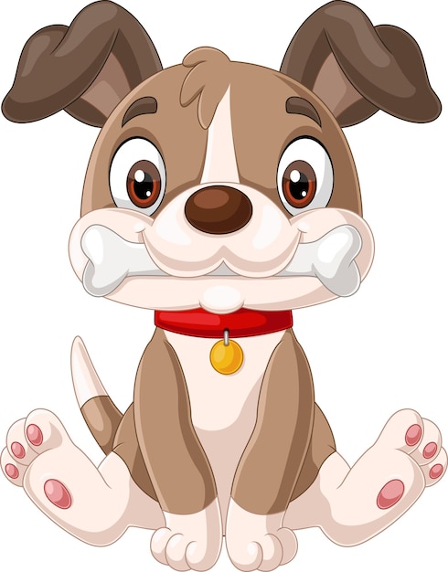 Vector cute little dog cartoon biting the bone