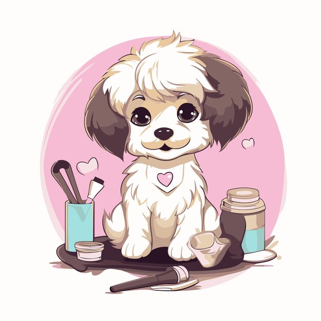 Vector cute little dog with a brush and a jar of cream