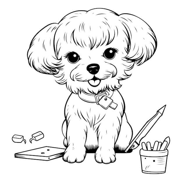 Cute little dog with a brush and pencil