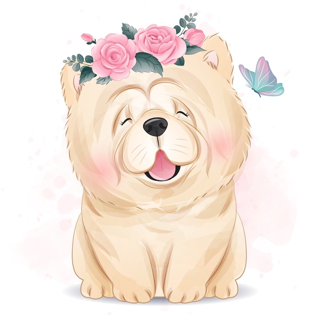 ベクトル 花のイラストがかわいい犬