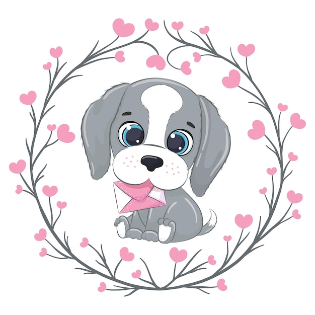 Vettore piccolo cane sveglio con la lettera. felice giorno di san valentino clipart.