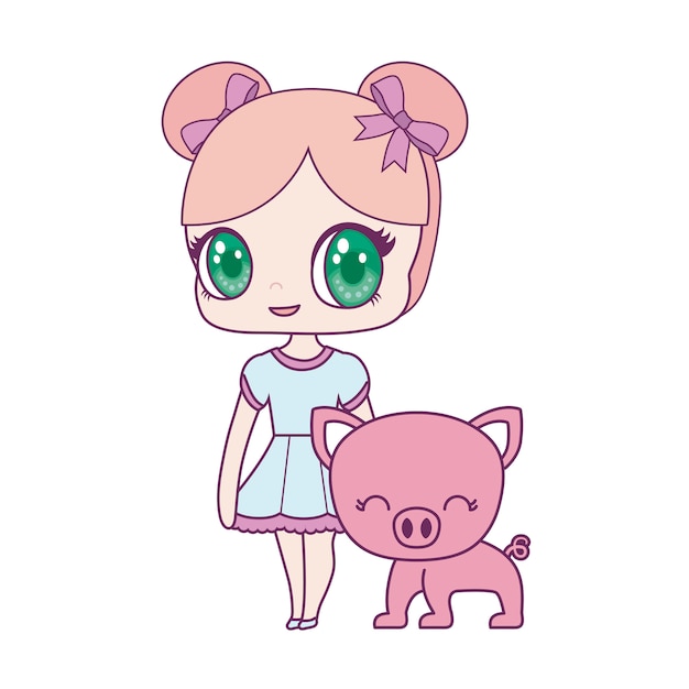 Vector cute little doll with piggy animal