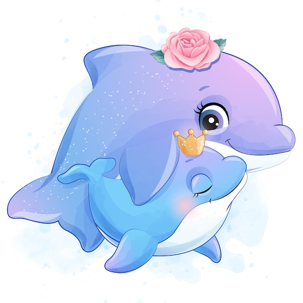 Милая маленькая иллюстрация матери и ребенка дельфина