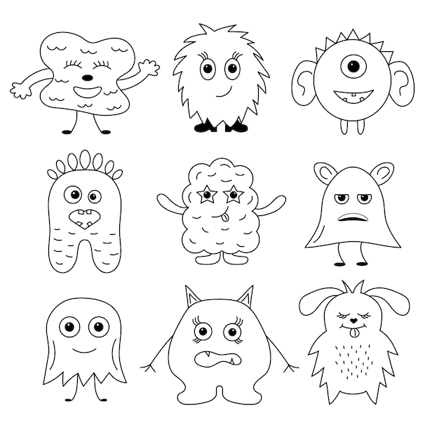 Cute little doodle monster set Different face emotions Vector illustration