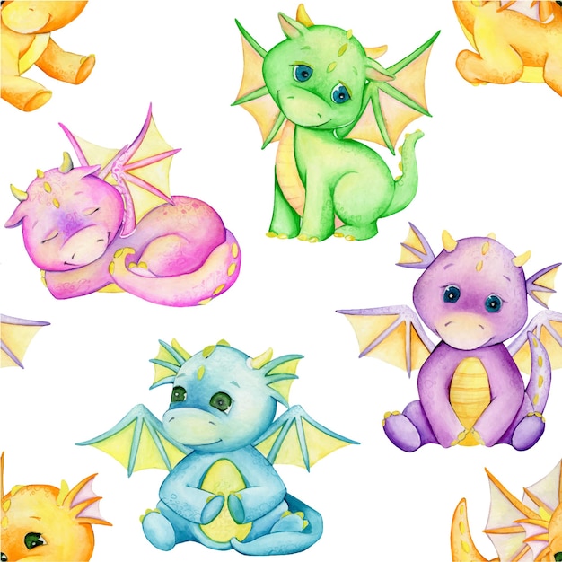 Cute little dragons different colors on an isolated background Watercolor seamless pattern of fabulous firebreathing lizards