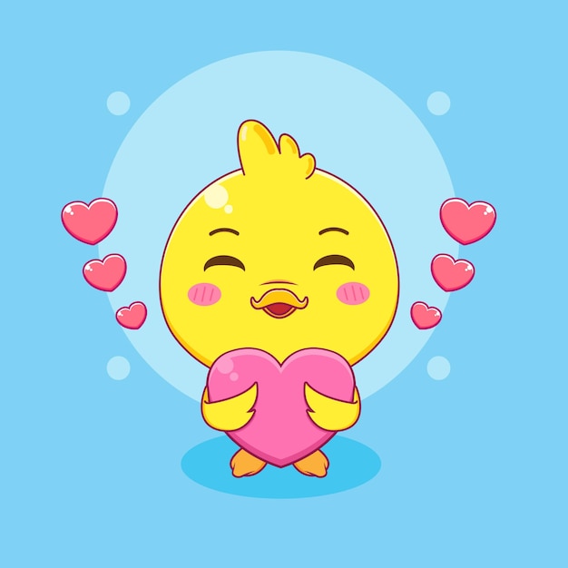 Cute little duck holding love cartoon character illustration