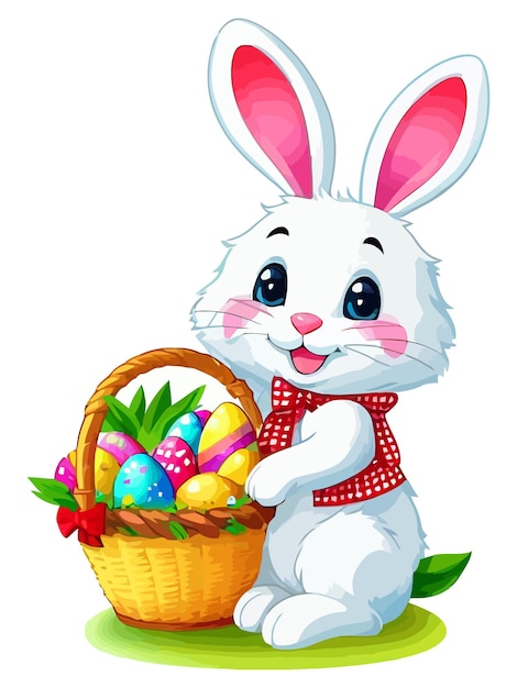 Vector cute little easter bunny with eggs colorful vector illustration for kids and adults
