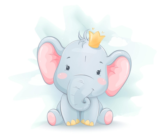 Vettore piccolo elefante sveglio in corona. personaggio dei cartoni animati divertenti