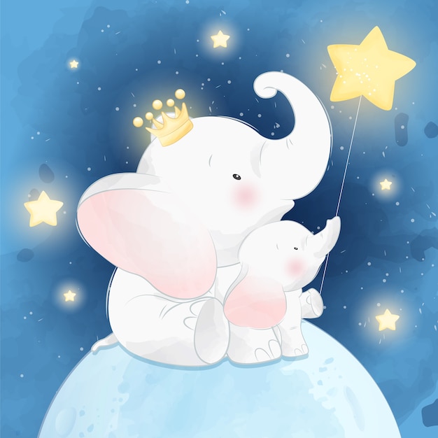 Vector cute little elephant father and son sitting in a moon